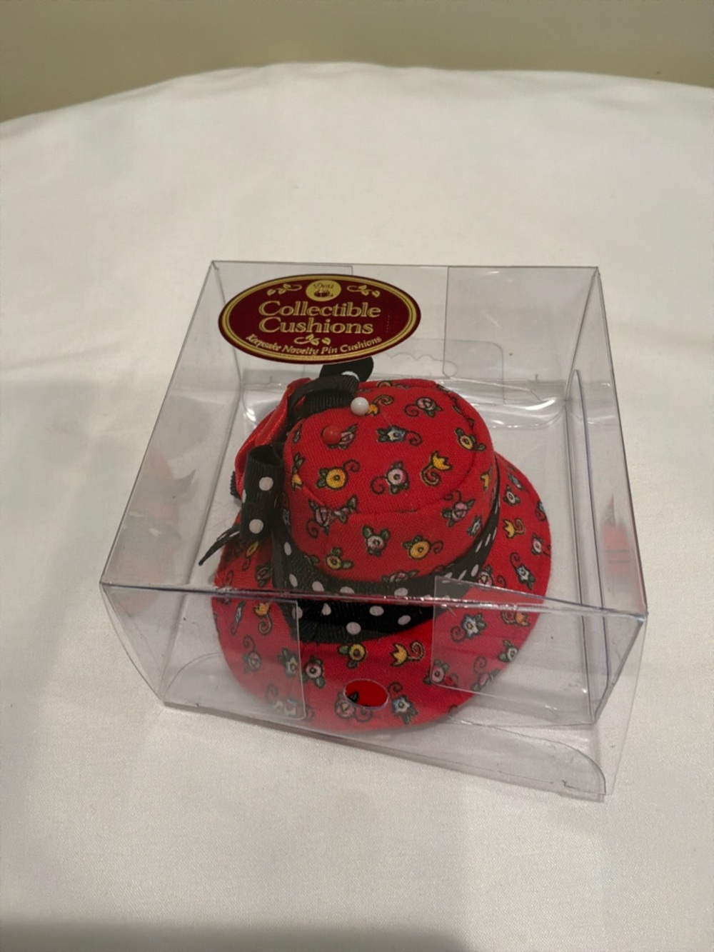 Red Floral Mini Hat Pin Cushion with Polka Dot Ribbon Dritz - Picture 4 of 4